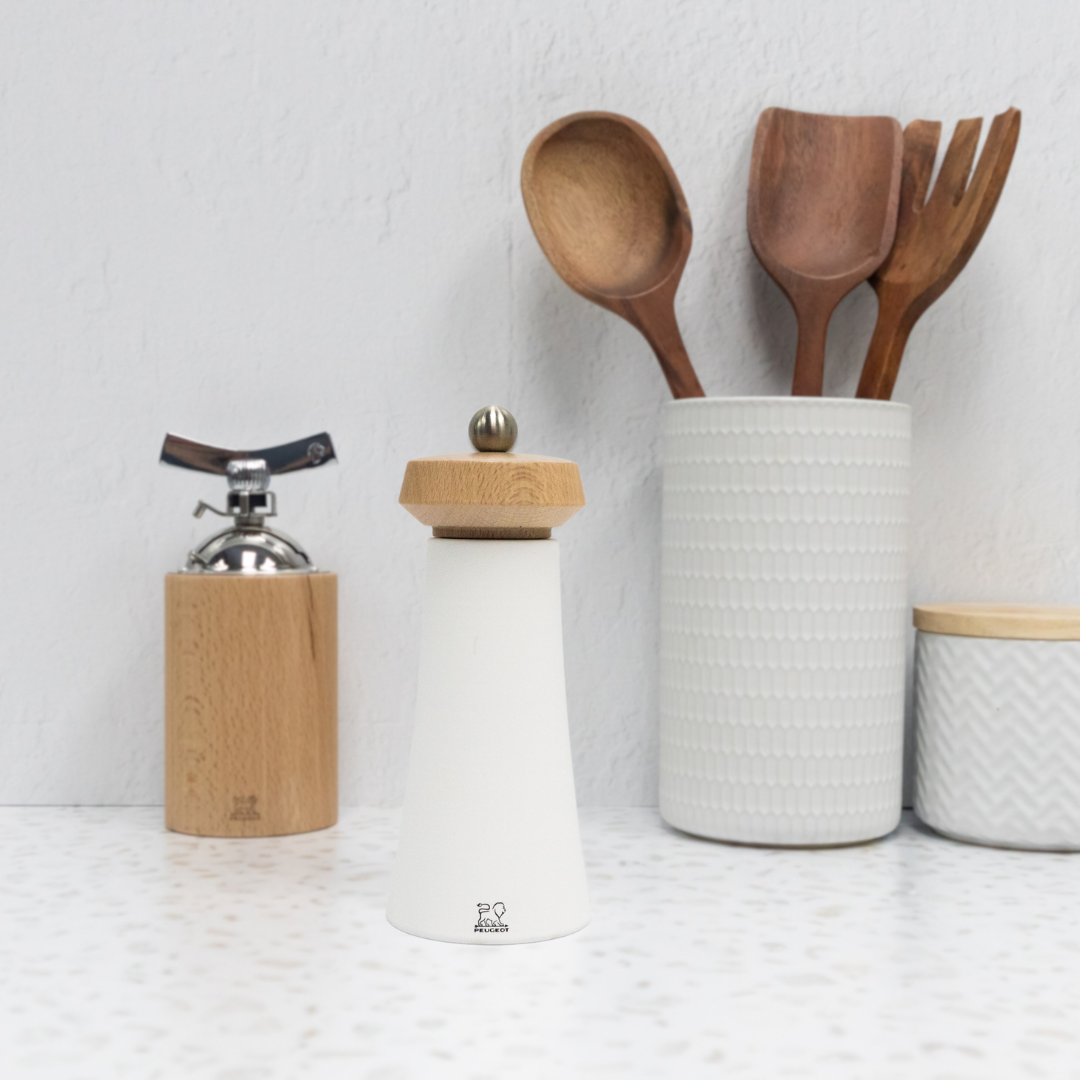 Peugeot Tokyo Opale Salt Mill in gloss white & natural wood, 16 cm