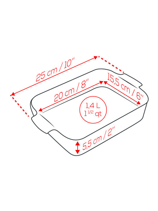 Measurement chart of a rectangular container with dimensions in centimeters and inches.