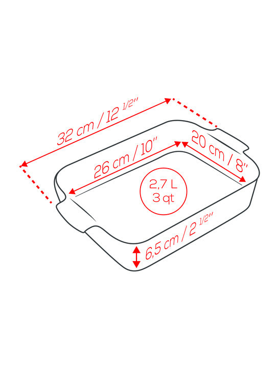 Measurement chart of a rectangular container with dimensions in centimeters and inches.