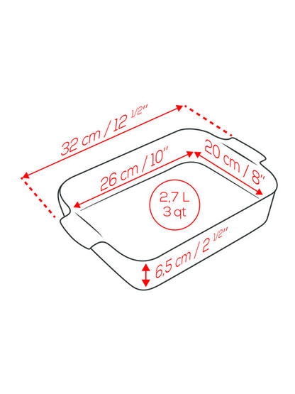 Measurement chart of a rectangular container with dimensions in centimeters and inches.