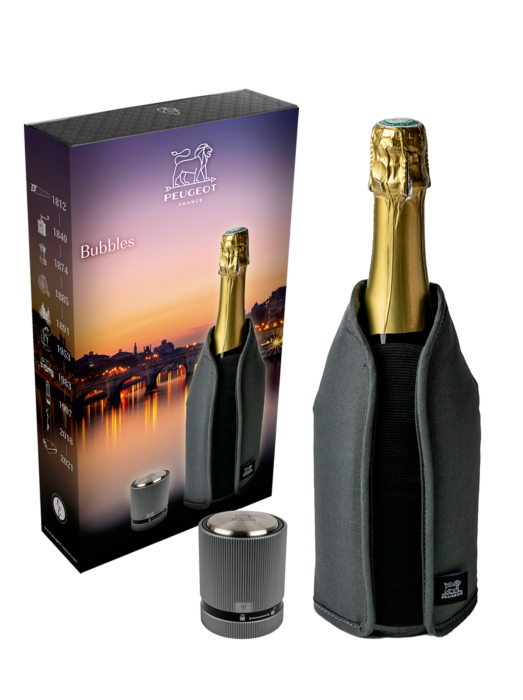 Peugeot Bubbles Gift Box Set, Frizz Cooling Sleeve Grey Finish and Line Carbon Champagne Stopper