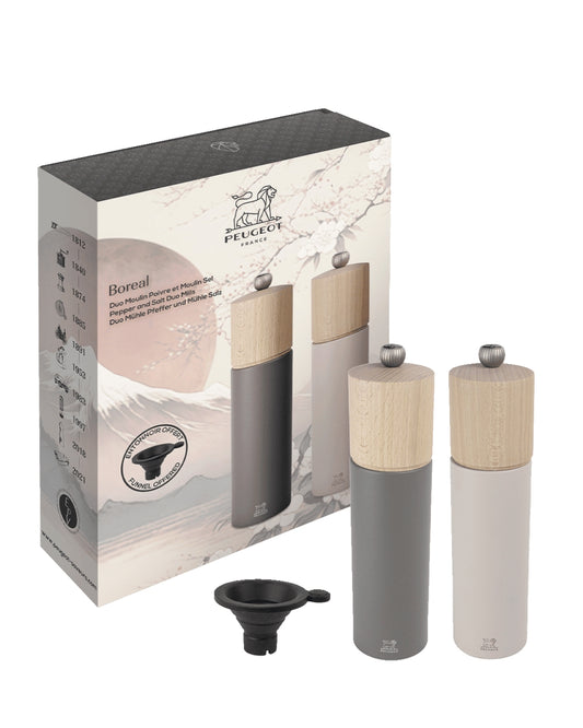 Peugeot Boreal Salt/Pepper Mill Duo Gift Set in Petal Rose & Rock Grey, 21cm + silicone funnel