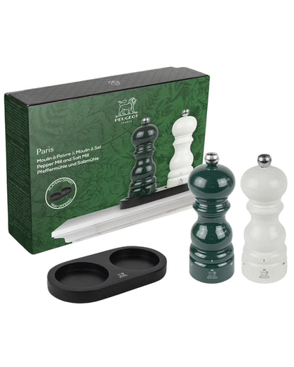 Peugeot Paris u'Select Salt/Pepper Mill Duo Gift Set in Forest Green & Ivory, 15cm + Matt Black Bamboo Tray
