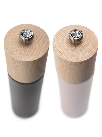 Peugeot Boreal Salt/Pepper Mill in Petal Rose & Rock Grey, 21cm + silicone funnel