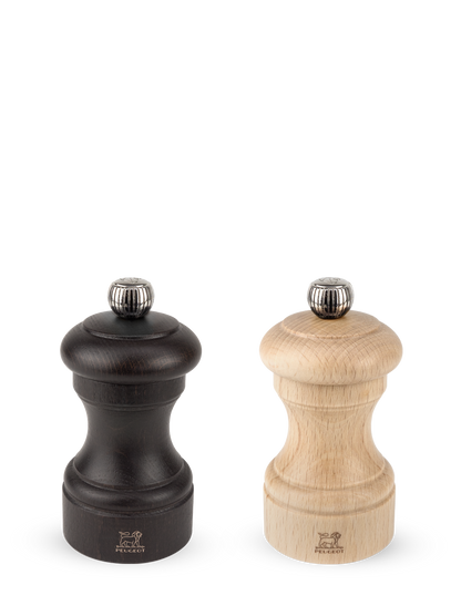Peugeot Bistro Salt/Pepper Manual Mill Duo in chocolate and natural wood, 10 cm