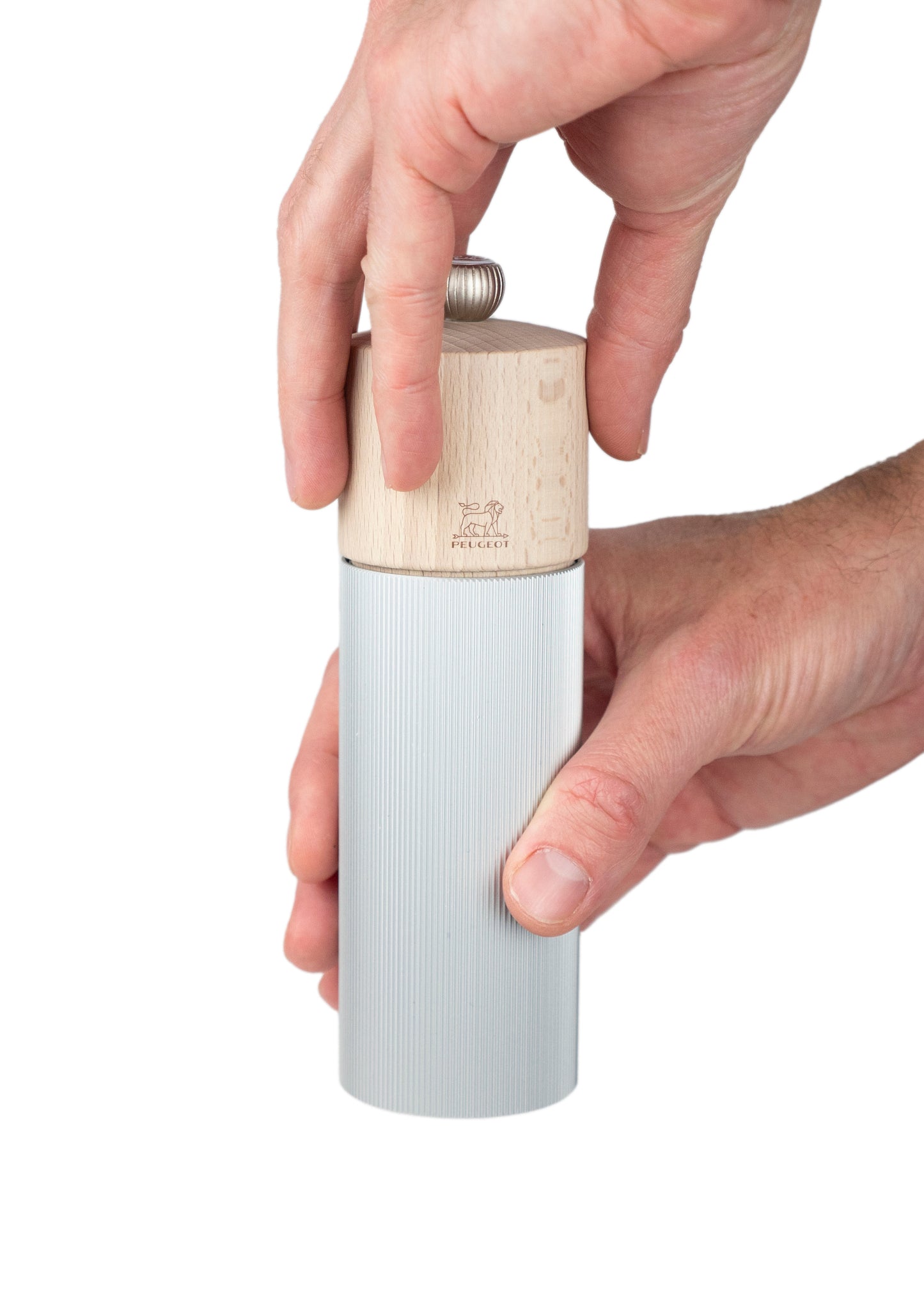 Peugeot Line Pepper Mill in aluminium finish & natural wood, 18 cm