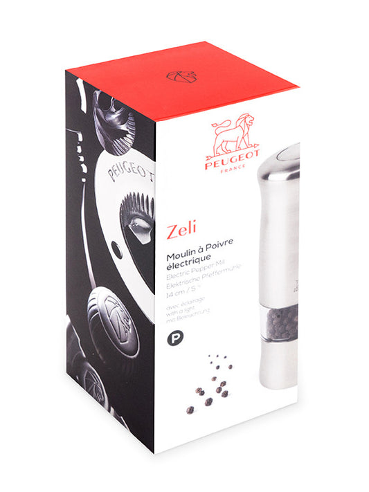 Peugeot Zeli Electric Pepper Mill, brushed stainless steel finish ABS, 14 cm