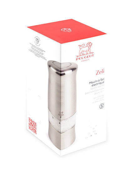 Peugeot Zeli Electric Salt Mill in brushed stainless steel finish ABS, 14 cm